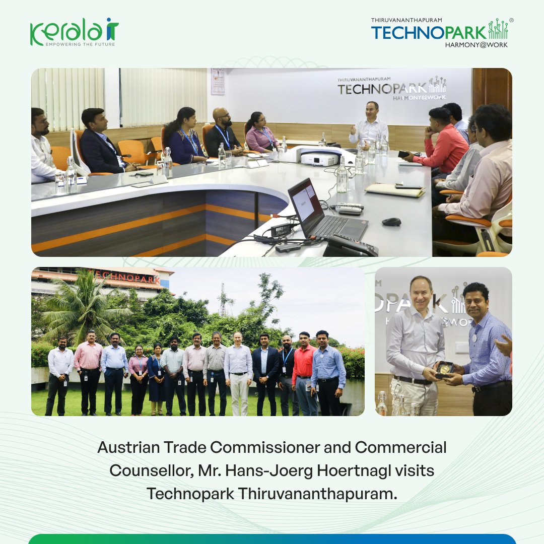 mytechnopark's tweet image. Austrian Trade Commissioner Mr. Hans-Joerg Hoertnagl visited Technopark Thiruvananthapuram to explore partnerships with India’s largest IT park. Austrian companies see great potential in collaborating with Kerala&apos;s IT/ITES sector. Exciting opportunities ahead! #TechPartnerships