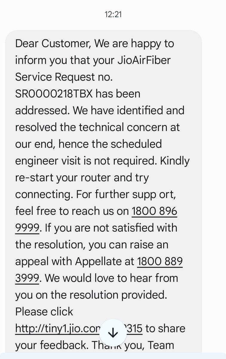 Srujan_panasa's tweet image. "Hey @JioAirFiber,@jiocare utterly disappointed with your service! Received an SMS saying my issue was resolved, but the problem persists. Attached are screenshots for reference. Pls investigate and provide a proper solution ASAP. #JioAirFiber #CustomerSupport #UnresolvedIssue