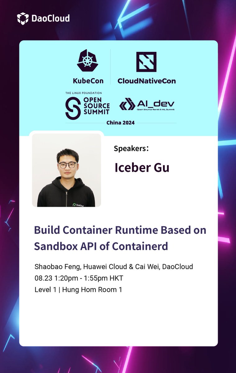 daocloud_io's tweet image. 🌐Sandbox APl is released in containerd 1.7 and wil be stable in containerd 2.0. 🌟In this session, lceber Gu from DaoCloud will share how to build container runtime based on Sandbox APl of containerd.

#containerd #KubeConChina2024