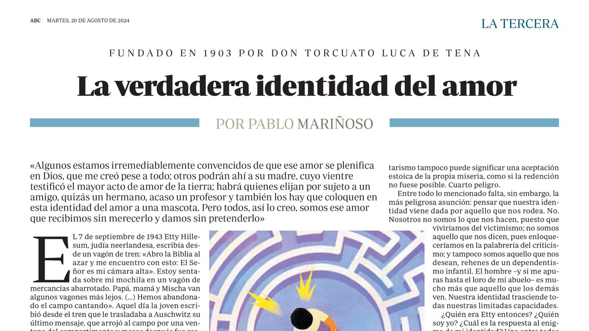 canteraepmdj's tweet image. Escribo hoy la Tercera del @abc_es sobre la verdadera identidad del hombre en un tiempo laberíntico: la del amor.

Mil gracias a @GarrochoS por su injustificable generosidad.

¡Espero que os guste!

abc.es/opinion/pablo-…