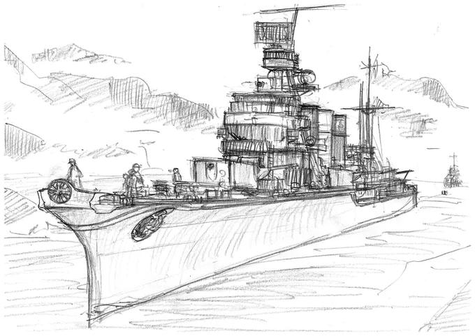 【ラフ】#筑波海軍航空隊記念館 の #マドロスたちの航跡 展在廊中に少しだけ実演した次作のラフです。主題はキスカ島撤退作戦時の阿武隈。
画像1は、キスカ島の岸近くの岩礁地帯を進む臨場感重視の構図。画像2はそれを守備隊員が目の当たりにしたような構図。難点は霧の表現…
 #鉛筆艦船画 #菅野泰紀 