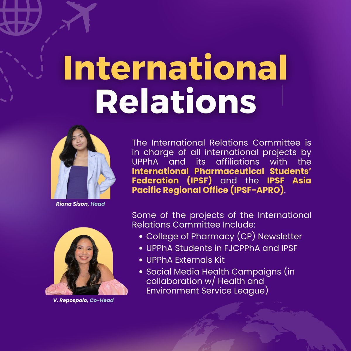 📣 𝗖𝗔𝗟𝗟 𝗙𝗢𝗥 𝗧𝗛𝗘 𝗨𝗣𝗣𝗵𝗔 𝗜𝗡𝗧𝗘𝗥𝗡𝗔𝗧𝗜𝗢𝗡𝗔𝗟 𝗥𝗘𝗟𝗔𝗧𝗜𝗢𝗡𝗦 𝗖𝗢𝗠𝗠𝗜𝗧𝗧𝗘𝗘 

To know more about the Committee: bit.ly/UPPhA-IRC

Apply here: forms.gle/pQPYvaMsLttLn9…

The deadline of applications is on 𝗔𝗨𝗚𝗨𝗦𝗧 𝟮𝟴, 𝟮𝟬𝟮𝟰, 𝟭𝟭:𝟱𝟵 𝗣𝗠.