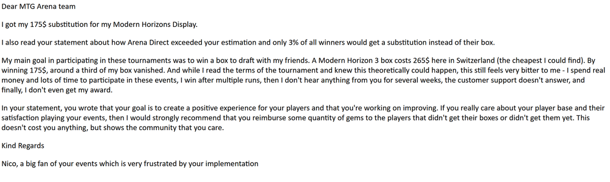 A letter to <a href="/MTG_Arena/">MTG Arena</a> concerning Arena Direct awards with a fair suggestion on how to solve the bad feels it created

Retweets for visibility appreciated

Answer from <a href="/MTG_Arena/">MTG Arena</a> also appreciated.