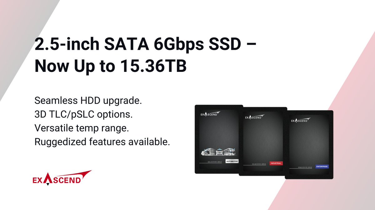 🚀 Upgrade from HDDs with Exascend's expanded 2.5-inch #SATA SSD series, now up to 15.36TB! Enjoy top performance, reliability, and ruggedized features for tough environments. Explore our latest innovation today: bit.ly/4fTG2C2
#StorageSolutions #SSD