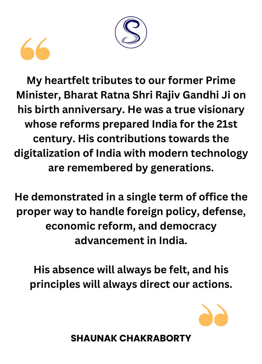 shaunakoffice's tweet photo. Remembering the Former Prime Minister of India, Bharat Ratna Shri Rajiv Gandhi Ji on his birth anniversary. 🙏

#RajivGandhi #rajivgandhibirthday #RajivGandhibirthanniversary #shaunakoffice #India https://t.co/N8GblTuOny