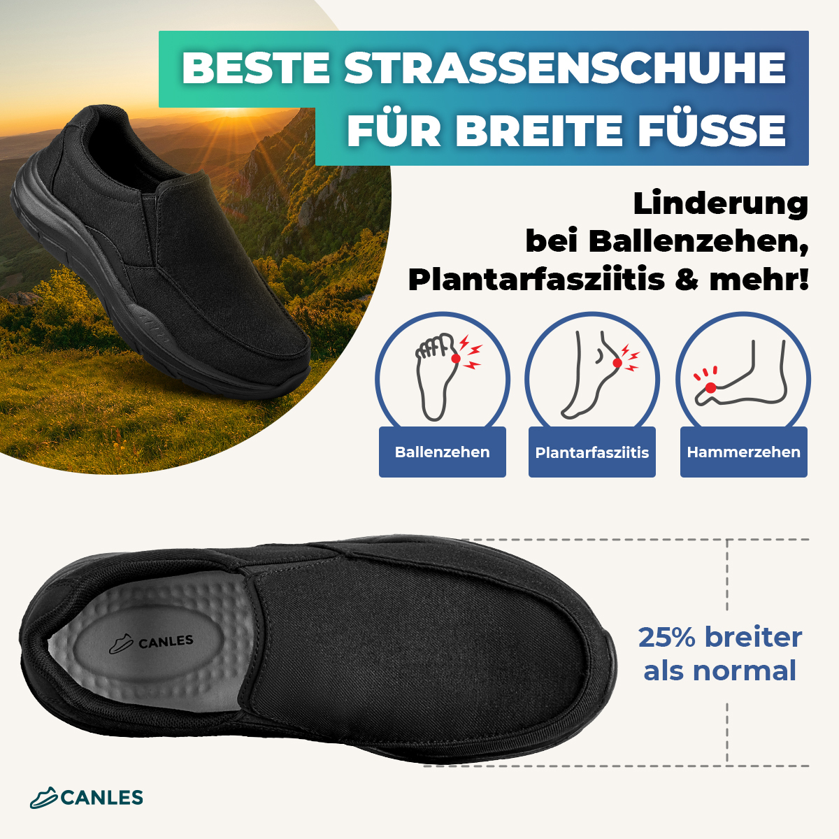 canlesofficial's tweet photo. Genug von Ballenzehen, Plantarfasziitis und Hammerzehen? Deklan Schuhe wurden für breite Füße entwickelt!  Unser geräumiger, 25% breiterer Zehenraum und das stützende Design lindern Schmerzen und Unbehagen, damit Sie bequem laufen können.