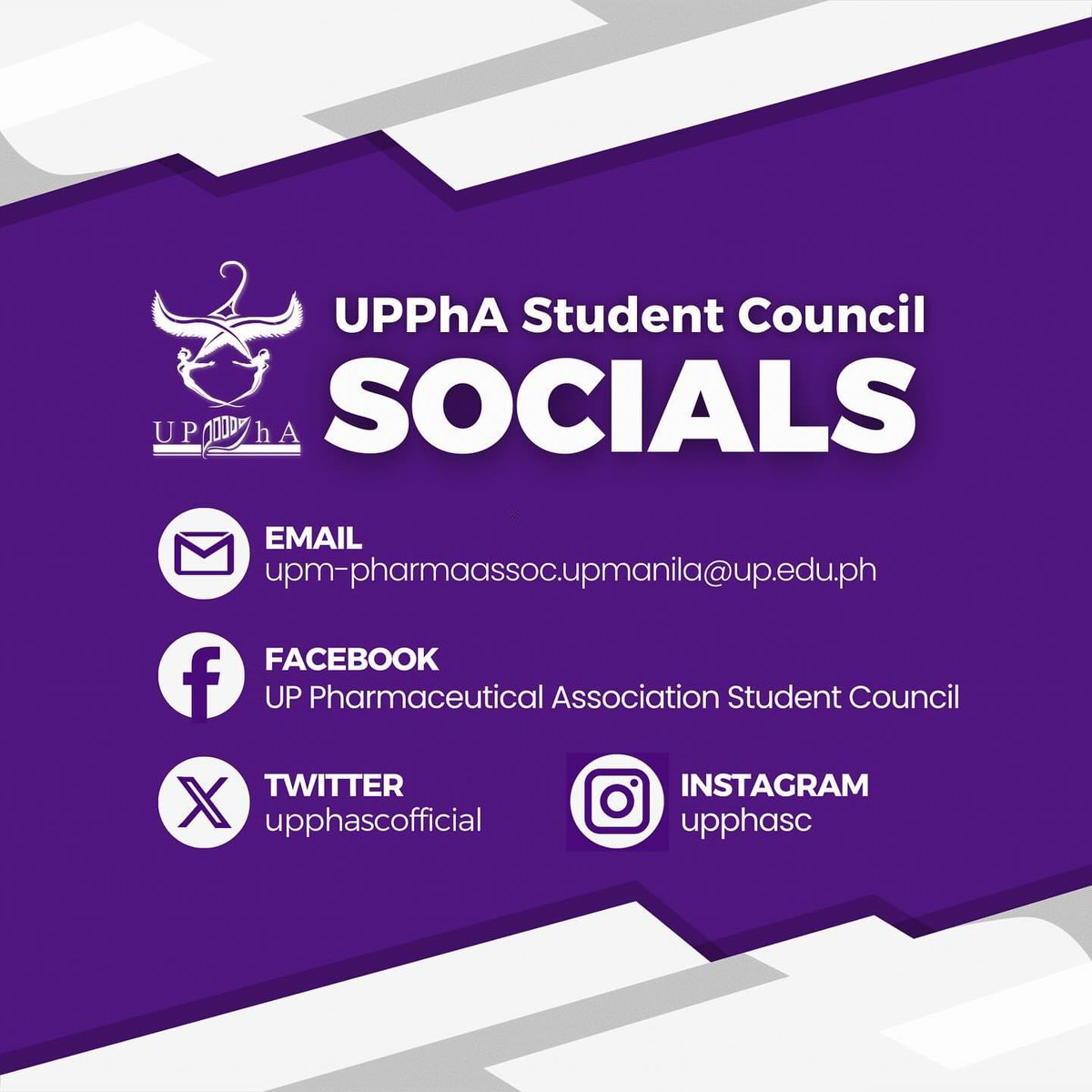 Get in touch with UPPhA for your needs, queries, and suggestions! 📞 📨

📧: upm-pharmaassoc.upmanila@up.edu.ph FB: UP Pharmaceutical Association Student Council
X: <a href="/upphascofficial/">UPPhA Student Council</a>
IG: <a href="/upphasc/">UPPhA SC</a>

Pub by: Riona Chari Sison
Caption by: Shaeena Gamboa