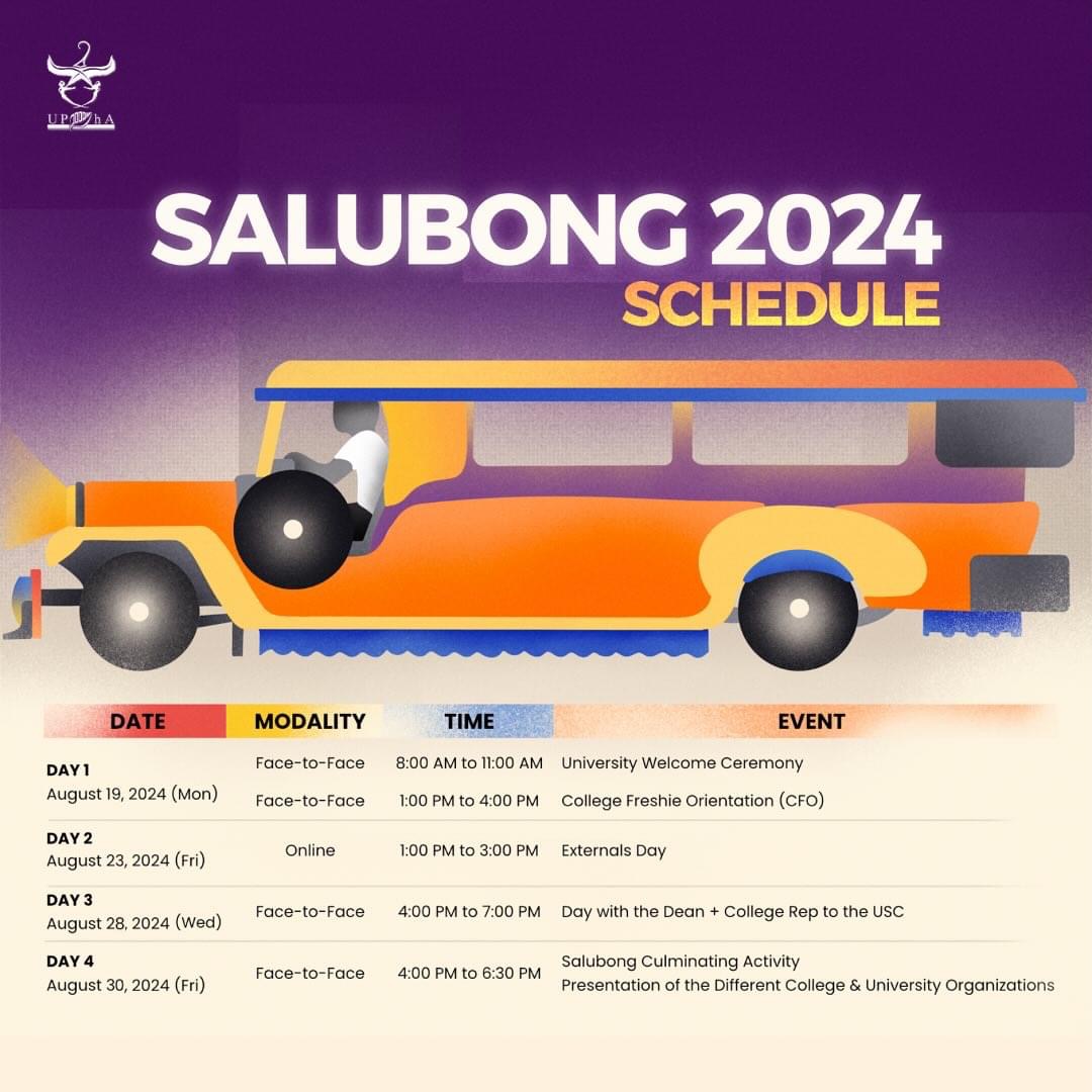 You see what's coming soon 🚗👀? 𝗦𝗮𝗹𝘂𝗯𝗼𝗻𝗴: 𝗧𝗵𝗲 𝗙𝗿𝗲𝘀𝗵𝗶𝗲 𝗪𝗲𝗹𝗰𝗼𝗺𝗶𝗻𝗴 𝗪𝗲𝗲𝗸 ‼️ Take a look at the full schedule of activities below ⬇️ 

#Salubong2024

Caption by: Adan Marquez   
Pub by: Jana Koh