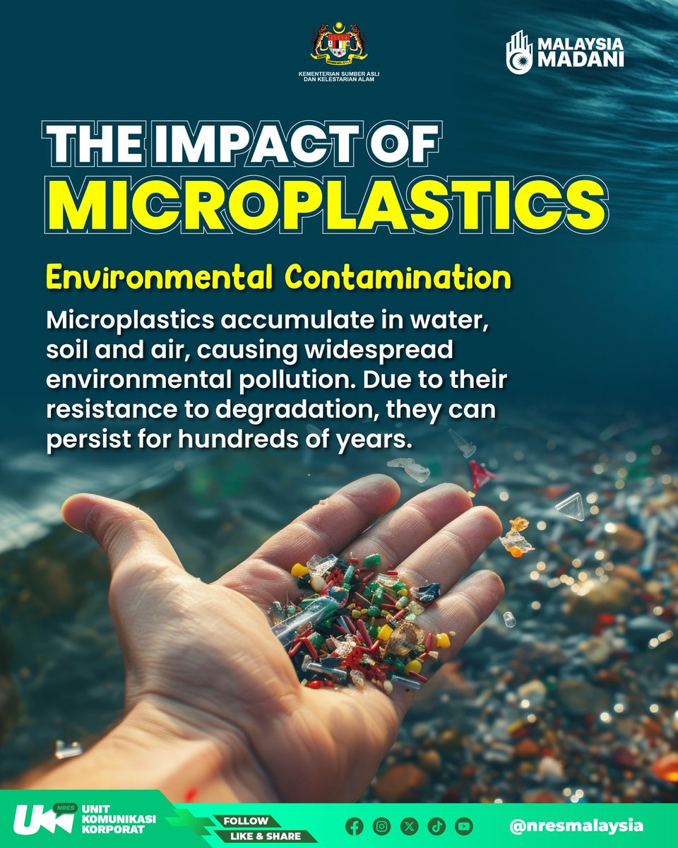 nresmalaysia's tweet photo. Let's learn the impacts of microplastics on the environment 🌳and organisms 🐳🐓👨🏻‍💼. Together, we must cut down on single-use plastic for sustainable future! 🫡

#microplasticawareness #forsustainablefuture #EnvironmentFriendly #environmentaleducation #NRES #MalaysiaMadani https://t.co/TXv4hByafr