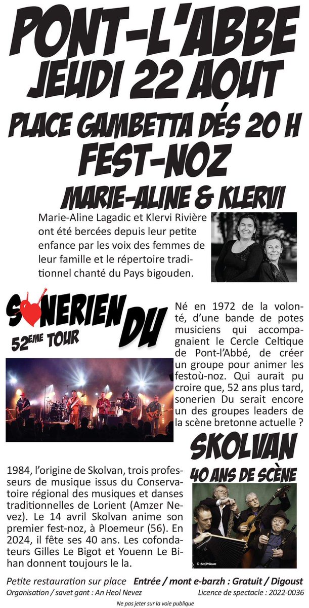 fleloch's tweet image. Rendez-vous ce jeudi à #pontabbe en #paysbigouden pour une belle affiche de #festnoz  ! Avec @SonerienDU et SKOLVAN... C'est GRATUIT, oui oui, vous avez bien lu.
