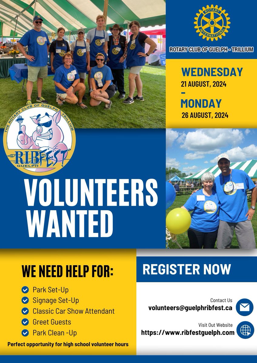 As <a href="/RibfestGuelph/">Ribfest Guelph</a> comes together we still need a few more volunteers - interested? Sign up online buff.ly/3WMjhJ6 Join hundreds of Rotarians and friends bring the tastiest fundraiser to town Aug 23-25. #volunteering #ribfest #guelph #rotaryclubofguelphtrillium