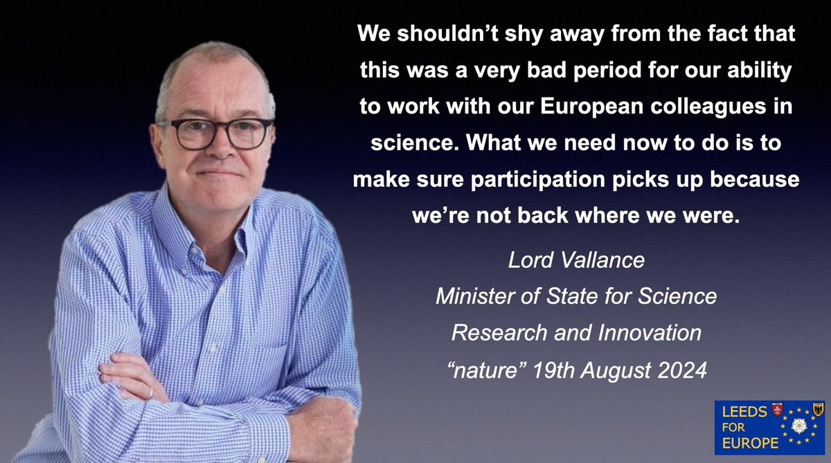 LeedsEurope's tweet photo. “We shouldn’t shy away from the fact that this was a very bad period for our ability to work with our European colleagues in science. What we need now to do is to make sure participation picks up because we’re not back where we were.”

Lord Vallance, writing in “Nature” https://t.co/IgENmPkXhI