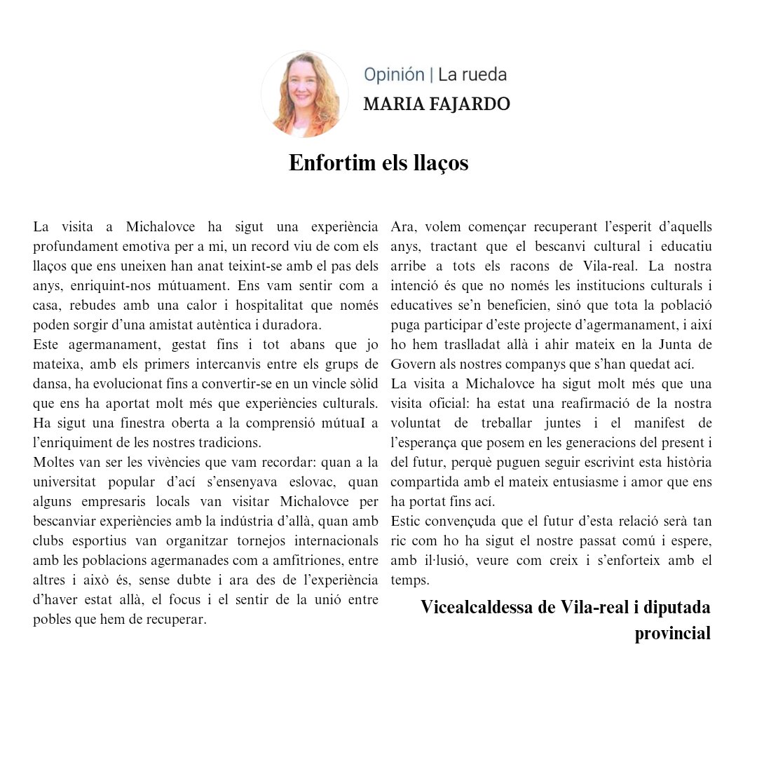 Llig l'article de Maria Fajardo sobre la visita a Michalovce! Una reafirmació dels nostres llaços  🤝 i de l'esperança en el futur ✨. 

No t'ho perdes! 👀

#Vila_real
#Michalovce #Agermanament
