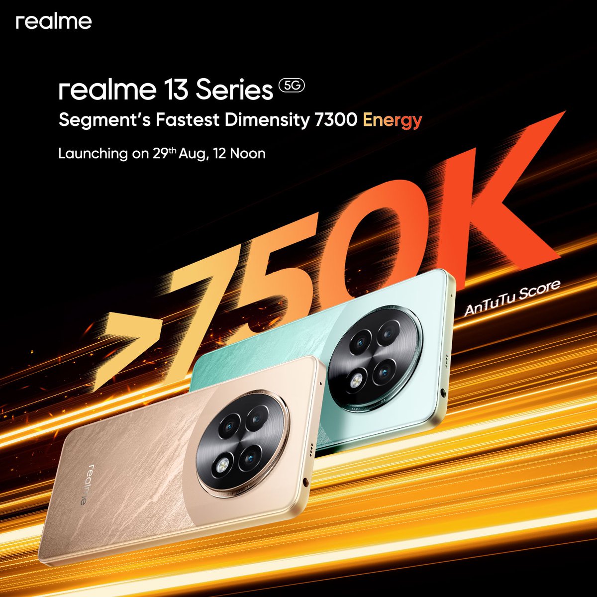 Kudos to the speed Trio. The new number series launches on 29th Aug at 12 PM. #realme13Series5G
