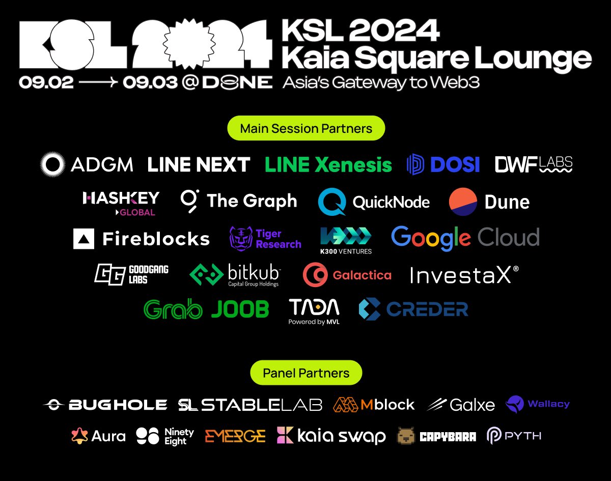 KaiaChain's tweet photo. Kaia Square Lounge: Main Session &amp; Panel Partners locked in! 🔒☑️

Who's coming to #KSL2024 during #KBW2024?

1/3 https://t.co/27i9yo88eR