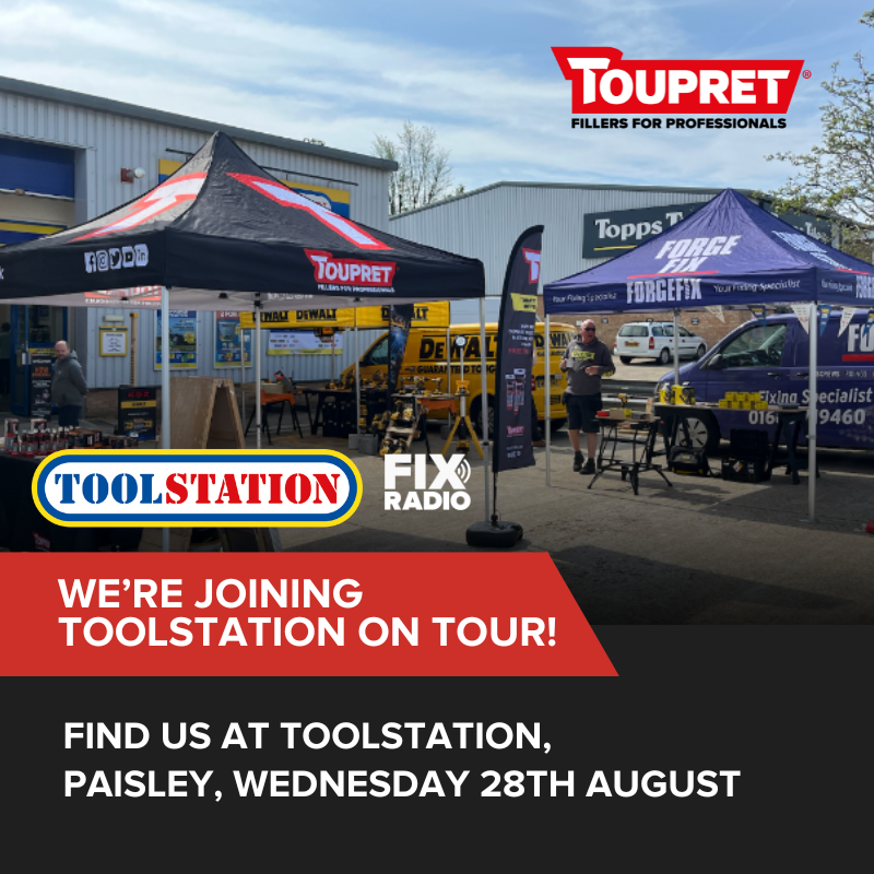 ToupretUK's tweet photo. We’re joining @ToolstationUK on their Trade Day at the Paisley store on 28th August 🛠️ 

Come and find us along with a host of other brands and @FixRadioUK to chat about all things filler and take advantage of exclusive deals. See you there! 💥

#ToupretUK #Toolstation #FixRadio https://t.co/rk5QALvcxV
