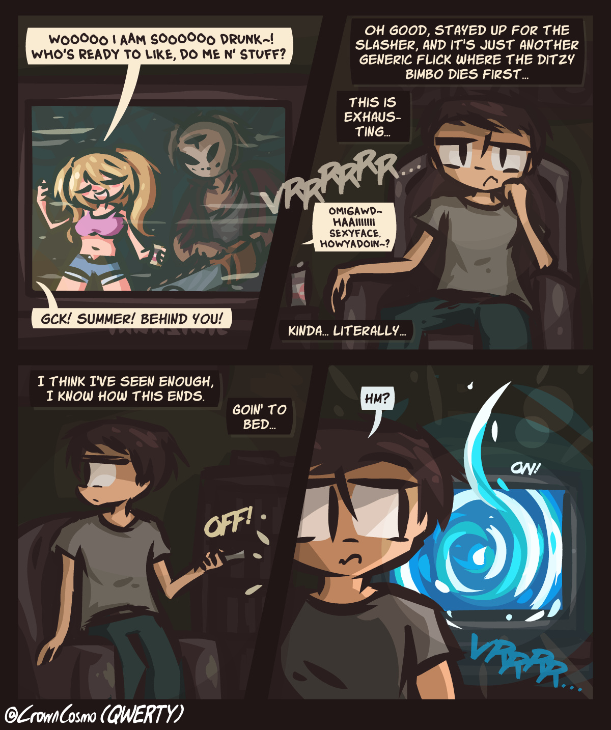 Cosmo 👑🔞 on X: 📼🏕️🔪 A masked killer stalks the woods! Will the  unsuspecting campers have the smarts to survive the night? Find out in  HE-SLASH-HER! Completed Creator Crownie comic for Qwertyuioplkjhgfdsaa!