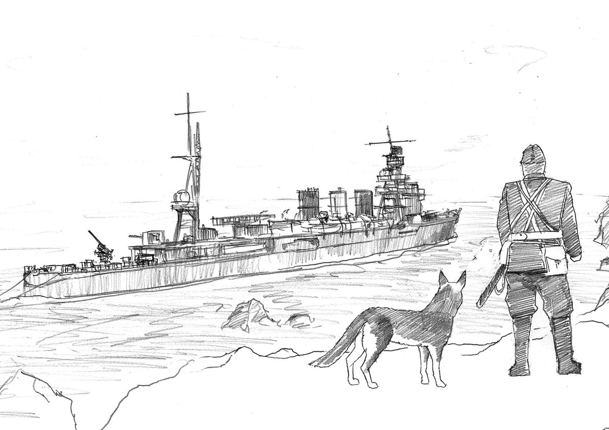 Rough sketches of the next one. The subject is Abukuma during the evacuation operation from Kiska Isle. Img 1 is a scene in which Abukuma is advancing through the reef area near the shore of Kiska Isle. Img 2 is a scene as if the garrison members were witnessing it.