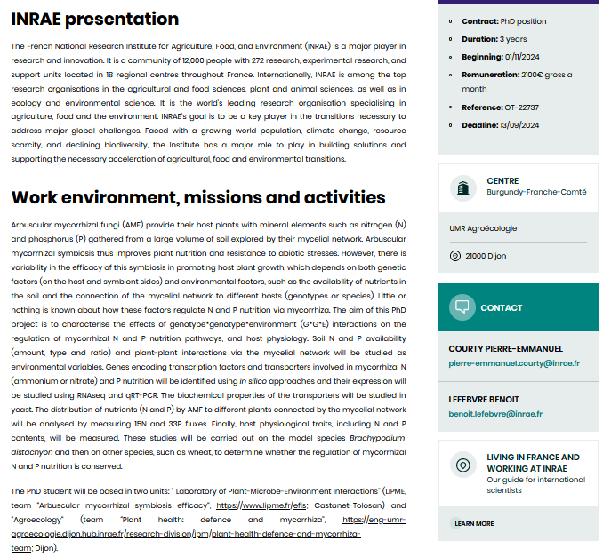[#PhD] We are looking for a PhD candidate with a background in plant physiology, molecular biology and on the study of plant-microorganism interactions 
The candidate should be interested in data analysis (transcriptomics, multivariate data)
<a href="/LIPME_EFIS/">LIPME_EFIS</a>

🔗jobs.inrae.fr/en/ot-22737
