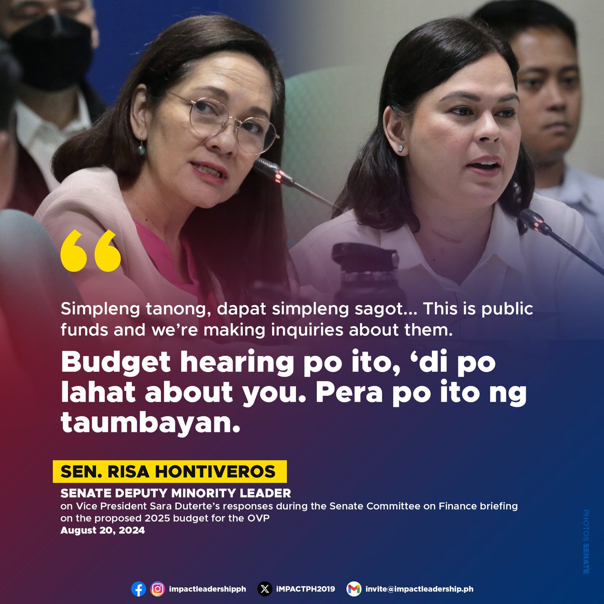 iMPACTPH2019's tweet photo. 'BUDGET HEARING PO ITO, ‘DI PO LAHAT ABOUT YOU'

Sen. Risa Hontiveros expressed frustration over Vice President Sara Duterte's handling of questions about the allocation of P10 million for the distribution of the book "Isang Kaibigan", authored by Duterte. #BantayBudget2025 https://t.co/lqzzuHpleb