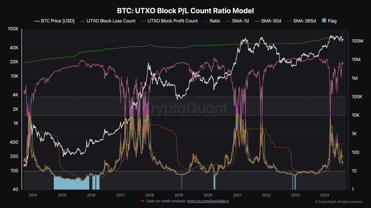 Current Status of the #Bitcoin Market: UTXO Block P/L Count Ratio Model  Analysis “When viewed cyclically, the increase in the number of UTXOs in  loss has historically had a positive impact on