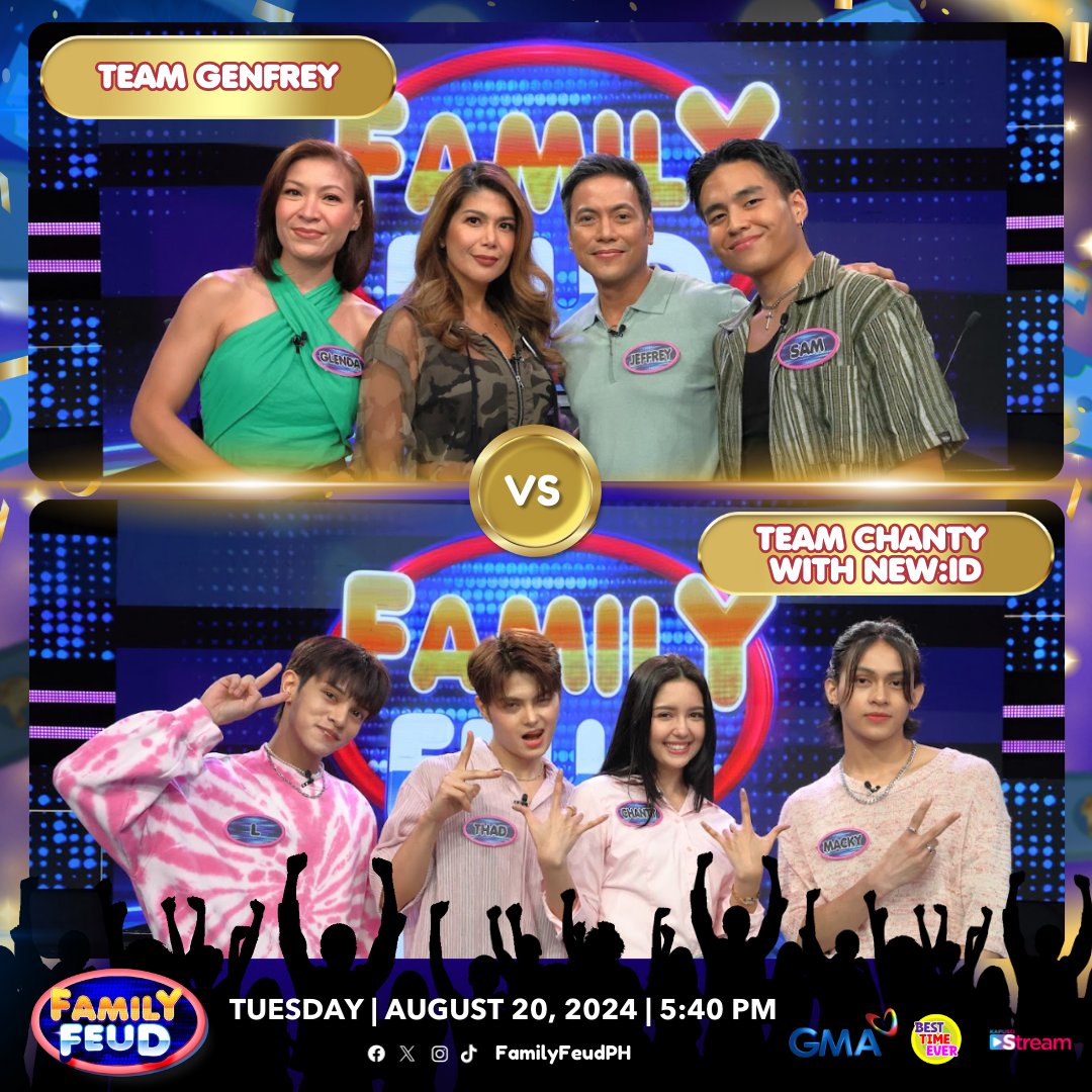 FamilyFeudPH's tweet photo. TEAM GENFREY is composed of Glenda Cruz-Bayona, Geneva Cruz, Jeffrey Hidalgo and Sam Shoaf. While TEAM CHANTY WITH NEW:ID is joined by Chanty Videla with New:ID members, L, Thad and Macky. 🤩 

#FeudGenevaVSChanty | August 20, 2024
#FamilyFeudPH #AgosTodoNaTo https://t.co/mNZhdTTO7v