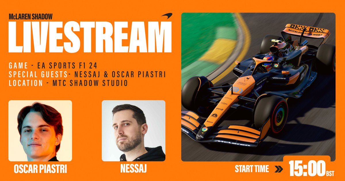 MCLF1SimRacing's tweet photo. 🚨SPECIAL STREAM ANNOUNCEMENT! 🚨

@OscarPiastri  &amp; @nessajkek will be going live TODAY from the McLaren Technology Centre! 🏆

⏰ Today 15:00 BST 
🗨️ Answering your questions!
🚗 Racing on @EASPORTSF1 
📍 Live on @McLarenShadow &amp; @nessajkek Twitch Channels.

TUNE IN LATER! https://t.co/1AS5Uzyk3D
