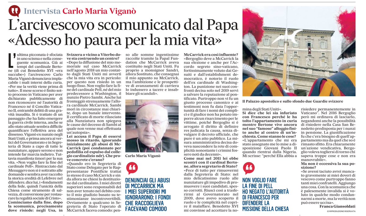 CarloMVigano's tweet photo. Sul Messaggero di oggi, l’intervista di Franca Giansoldati @francagiansol 

Domani il testo integrale verrà pubblicato sul sito di Exsurge Domine in italiano e in inglese. https://t.co/VrUcjG4Sih