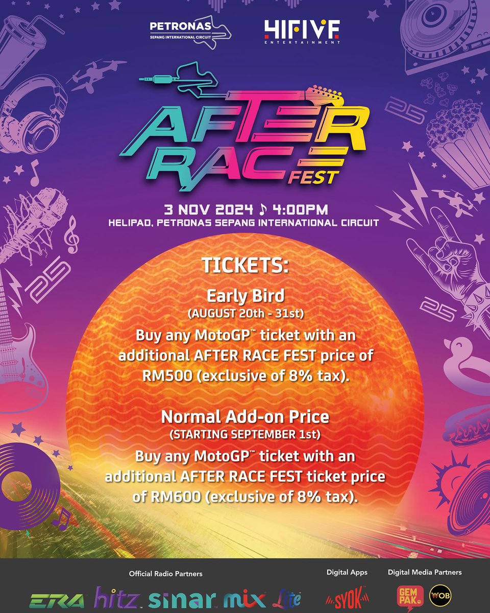 xallehrazax's tweet photo. MOTOGP AFTER RACE FEST 2024

🗓️ 3 November 2024
📍 Helipad Petronas Sepang International Circuit

Phase 1 Lineup :
Macklemore, Smash Mouth, 6ixth Sense, Nidji, De Fam, Feel Koplo

🎟️ RM500, RM600
🔗 https://t.co/1X4IjkJzfi https://t.co/iVRsAcEokx