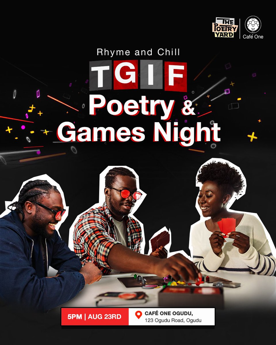 Join us with <a href="/thepoetryyard/">Thepoetryyard</a> for the coolest night in Ogudu this Friday! Invite your friends and loved ones because it's going to be an evening of poetry, games and extra fun.

🗓️ August 23, 2024
🕔 5pm
📍 Cafe One Ogudu, 123, Ogudu Road, Ogudu.

See you there!

#CafeOne