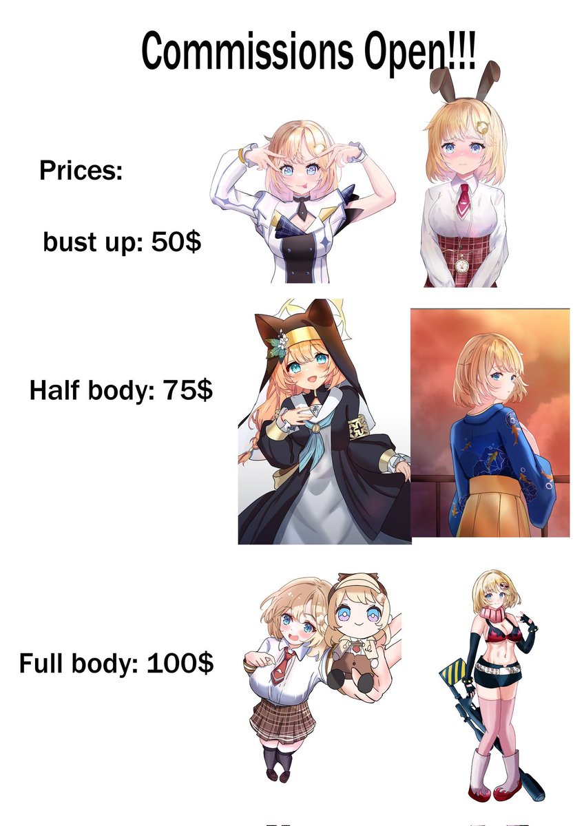 So uhh gonna open one commission slot , you can check my profile for more examples of my art