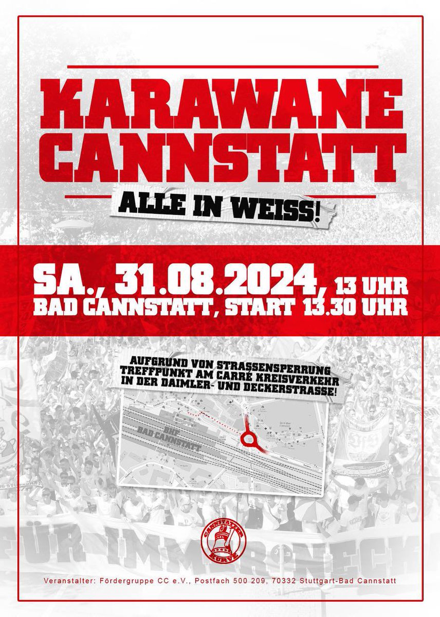 StuttgartRot's tweet photo. Karawane Cannstatt - Alle in weiss!💥

„Legt die Handys und Fotos weg, steht nicht nur als Zuschauer am Rand, sondern werdet ein Teil der Karawane Cannstatt und lasst uns alle gemeinsam einen tollen Heimspielauftakt feiern!“

#VfB https://t.co/gbGsPfNhcl