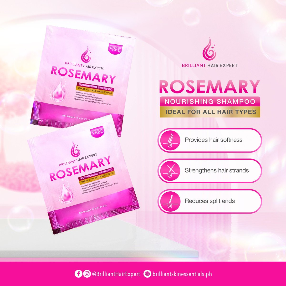 Rosemary Nourishing Shampoo is formulated to provide softness, strengthen strands, and reduce split ends, revealing hair that's gorgeously smoother and silky. 🌸

Try it now for only PHP 15.00 SRP! 🛒

#BrilliantHairExpert 💧
#BrilliantSkinEssentials 💎