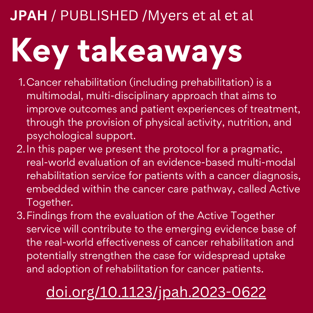 Despite growing evidence of the benefits of #cancer rehabilitation, translation of this into practice trails behind. This article presents an evaluation protocol to measure #rehabilitation program impact &amp; those factors influencing it's delivery &amp; outcomes doi.org/10.1123/jpah.2…