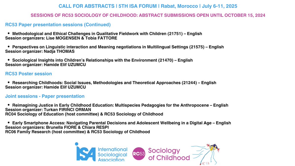 We are delighted to announce that the Call for Abstracts for our RC53 Sociology of Childhood at #ISAforum25 is now open🎉! 9 Review our exciting sessions and submit your abstract by October 15, 2024 here!

isa-sociology.org/en/conferences…