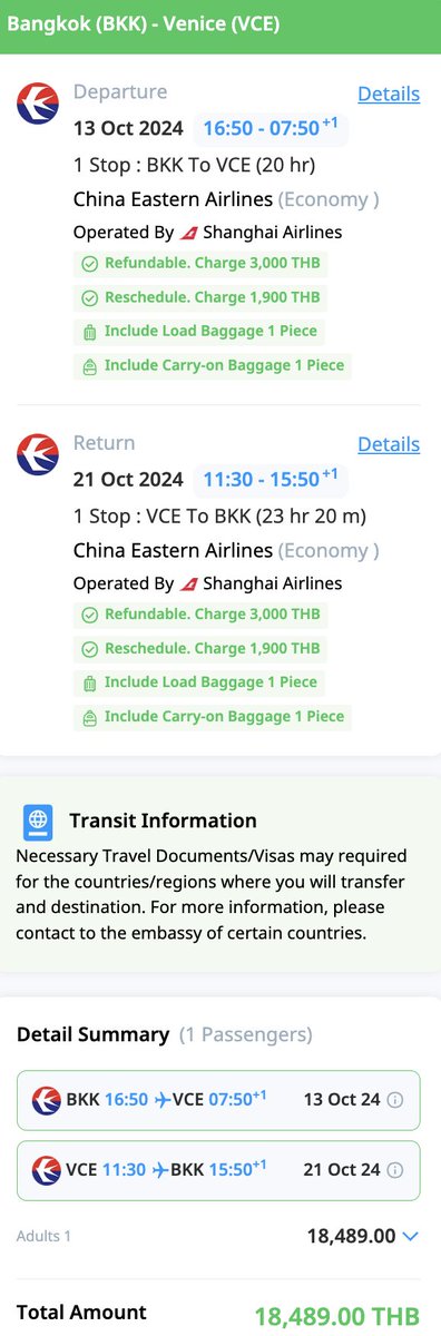 ✈️ Bangkok / Venice / return 🇮🇹 1-week round-trip 18,500 Baht