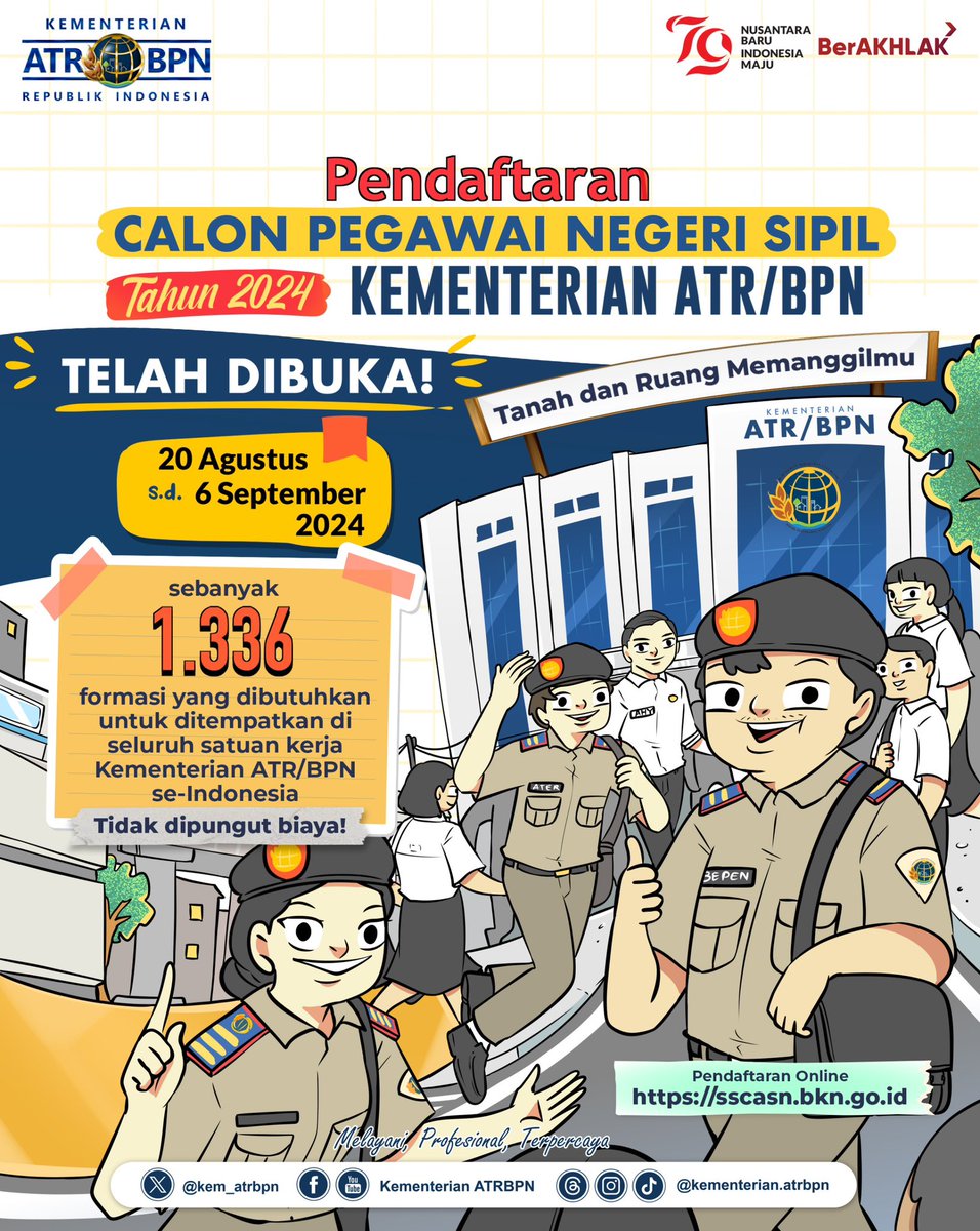 KantahPKLKota's tweet photo. #Repost @kem_atrbpn Halo #SobATRBPN, akhirnya yg ditunggu-tunggu dtg jg! Penerimaan Calon Pegawai Negeri Kementerian ATR/BPN resmi dibuka 🥳 simak selengkapnya informasi berikut dan jgn sampai ketinggalan ya, Sob Tanah dan ruang Indonesia menanti kiprahmu📷 

#CASN2024 https://t.co/zJthbjNxwx