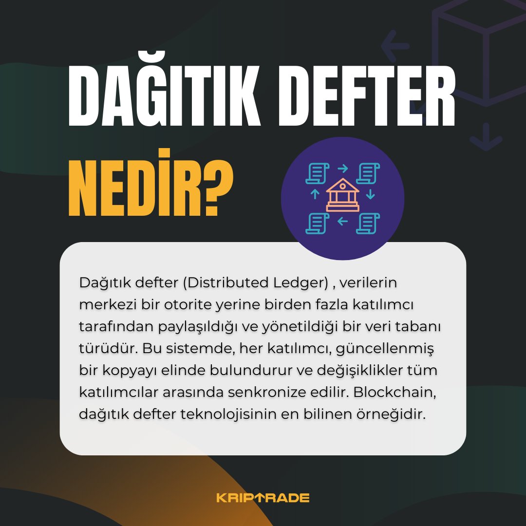 KriptradeTR's tweet image. Dağıtık Defter (Distributed Ledger) nedir? 🤔💡

Dağıtık defter, verilerin merkezi bir otorite yerine birden fazla katılımcı tarafından paylaşıldığı ve yönetildiği bir veri tabanı sistemidir. 🔍💰

#dagitikdefter #distributedledger #MerkeziyetsizFinans #KriptoPara #Kripto