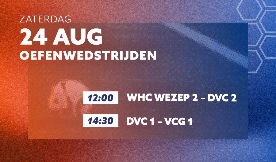 🚨 Seizoenstart! 

De eerste oefenwedstrijden van het jaar; 
🔶 12:00 - <a href="/whcwezep2/">WHC 2</a> - DVC Dedemsvaart 2
🔷 14:30 DVC Dedemsvaart 1 - VCG 1 

#Hupééntwee #DVC