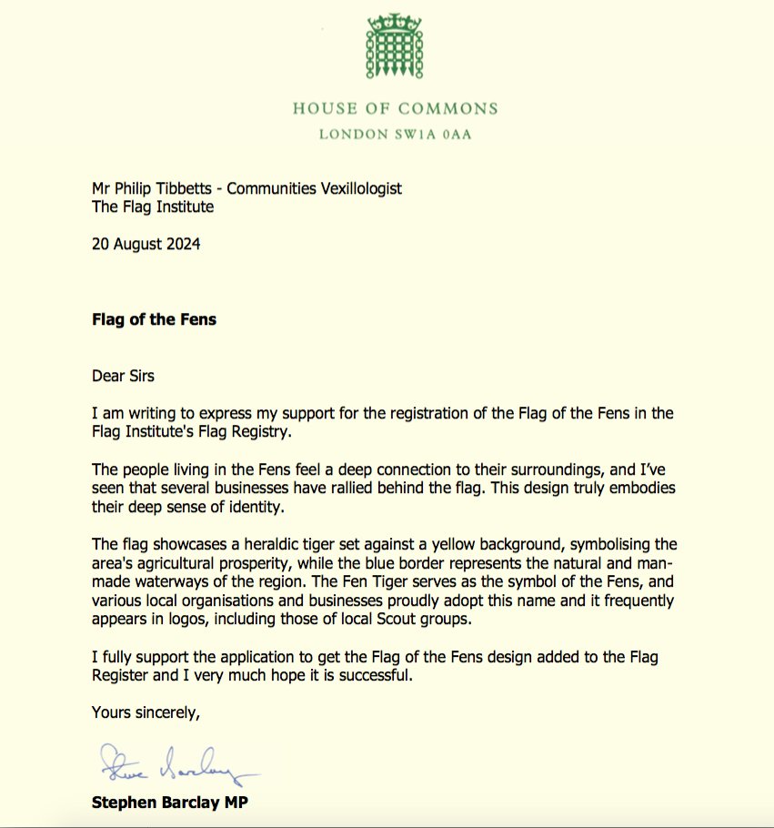 Good news! The flag has won the support of the Rt Hon Stephen Barclay, MP for North East Cambridgeshire. For this many heartfelt thanks go to Mr Barclay and to his Senior Caseworker Charlotte Graham-Cameron, who corresponded on his behalf with 2 members of the flag campaign.
