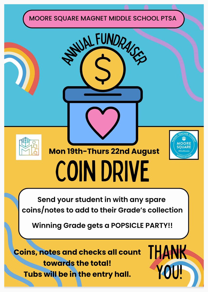 Hello Families!
Reminder of this week's Coin Drive! Pls send your student with any coins you can spare (bills and checks are also welcome!) Collection tubs are in the entry lobby. The winning grade wins a popsicle party!