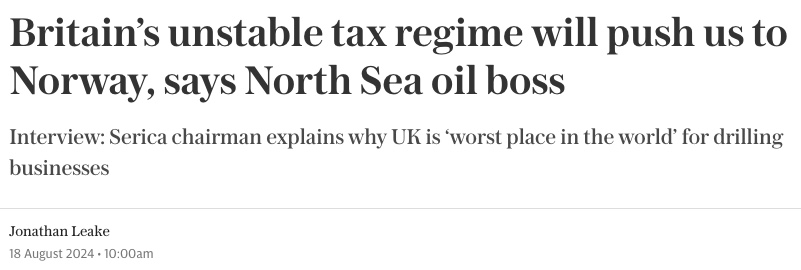 jessralston2's tweet photo. O&amp;G company Serica Energy are complaining in the @Telegraph about taxes on oil &amp; gas profits going as high as 78%, forcing the company to look at taking their business to Norway

They're going to get a shock when they find out Norway's tax rate on oil &amp; gas profits is...78% https://t.co/3d30X9POMS