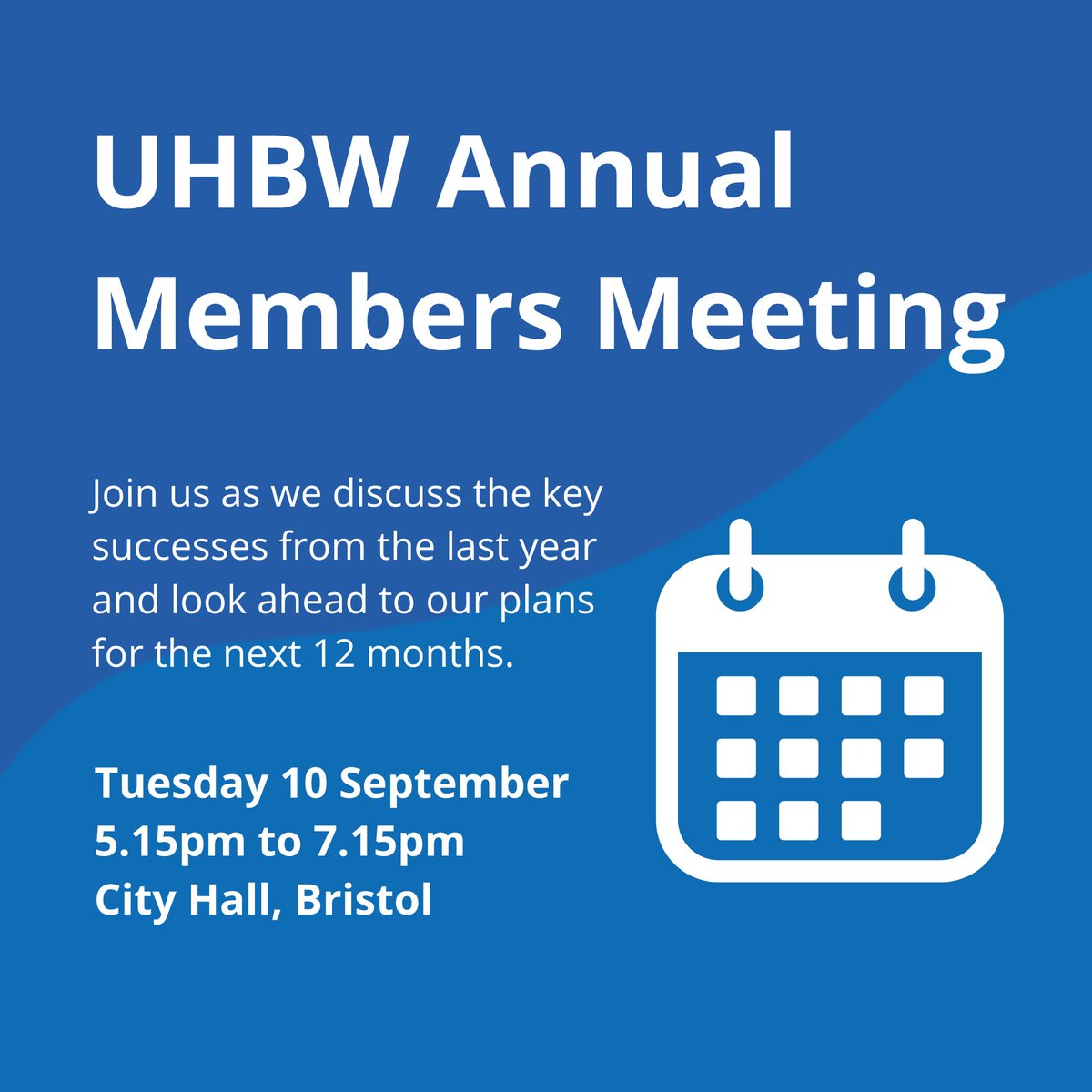 Join us for our Annual Members Meeting on Tuesday 10 September 🗓️ 

Open to everyone, the event will look back at the last year and ahead to our plans for the next 12 months.

There'll be tea and cake 🧁 Book today: eventbrite.co.uk/e/uhbw-annual-…