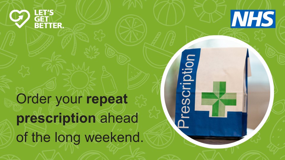 Are you ready for the bank holiday?

Pharmacy processing times may be slightly longer at this time of year. Don’t delay ordering or collecting repeat prescriptions.

Find out more ➡️ letsgetbetter.co.uk/bank-holiday