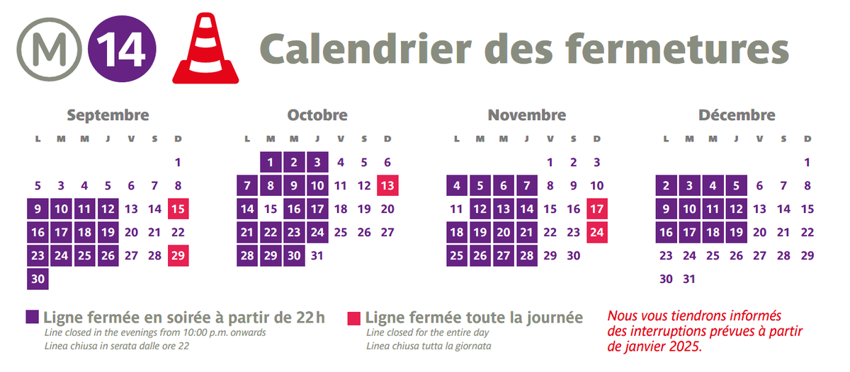[#travaux #ligne14] ⚠️ En raison des travaux de modernisation, le trafic sera interrompu sur votre ligne :
▪️ du 9 septembre au 19 décembre 2024 (sauf les 15 octobre et 11 novembre)
➡️ tous les lundis, mardis, mercredis et jeudis soir, à partir de 22h
#RATP
⬇️