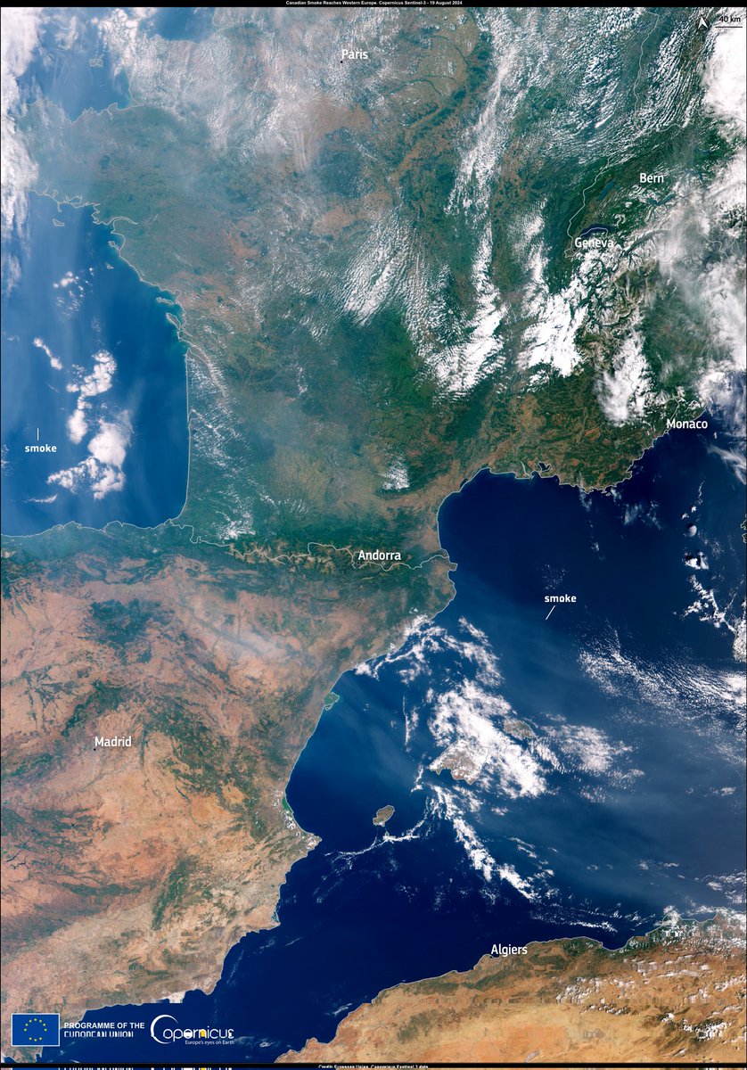 CopernicusEU's tweet photo. This true-colour image, acquired through Sentinel-3B satellite at 10:07 UTC on 19 August 2024, vividly captures the smoke over the western coast of France and the Balearic Islands as it continues its journey across the Mediterranean Sea. 

Read more: https://t.co/Unl8NebhFA https://t.co/rUdRoNbhKJ