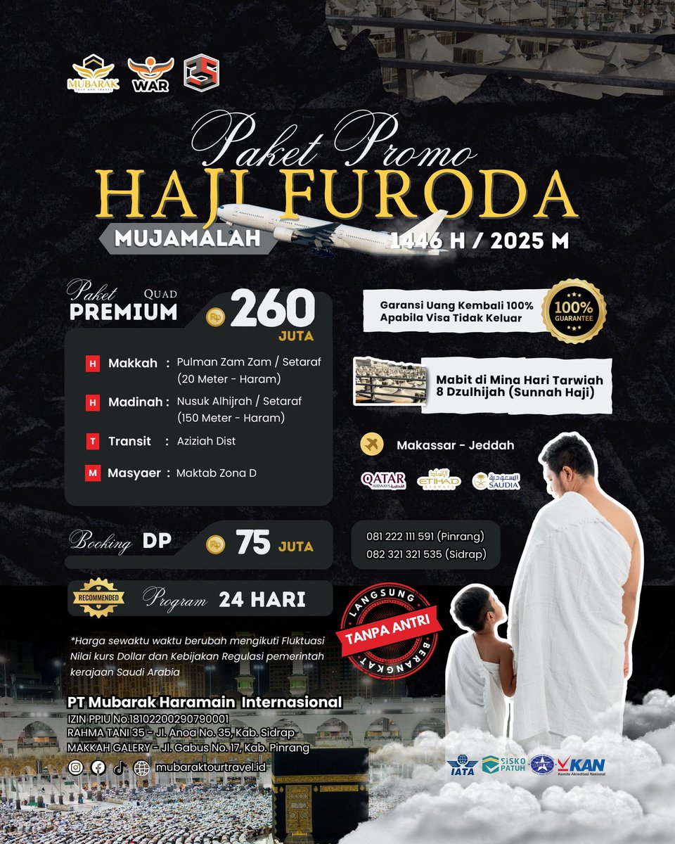 PAKET PREMIUM HAJI FURODA 2025. Garansi Uang Kembali apabila Visa tidak Keluar.

wa.me/+62811424882