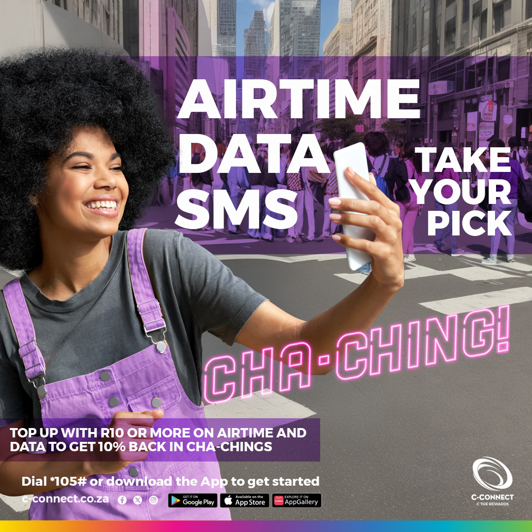 cconnectza's tweet photo. CHA-CHING! 

Stay connected your way! Whether it's Airtime, Data, or SMS.

Top up with just R10 or more and get 10% back in Cha-Chings!

Why wait? Dial *105# or download the app to start saving now!

C-CONNECT C THE REWARDS

#ChaChing #StayConnected #AirtimeDeals 
#DataSavings https://t.co/5Z3ugP2LRz