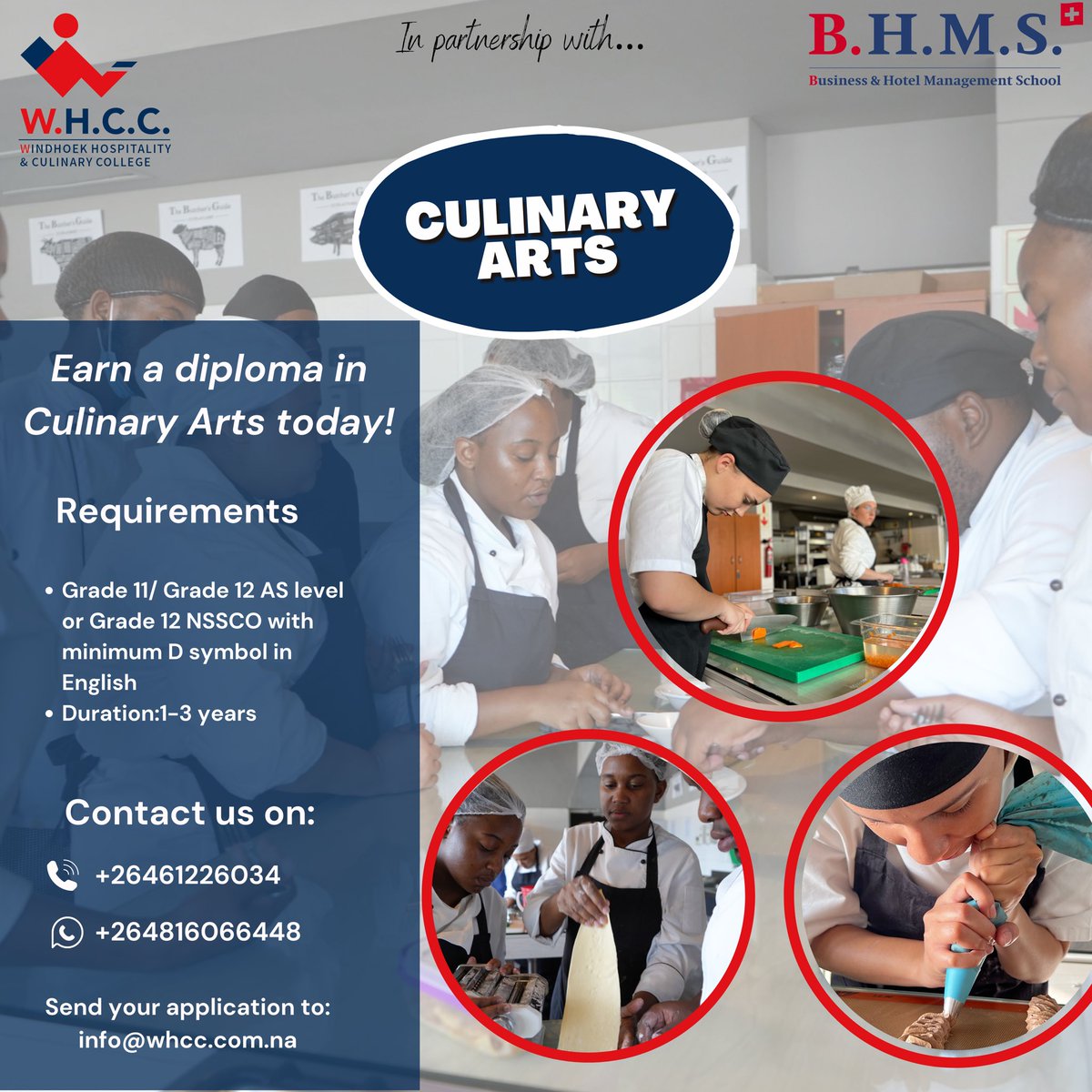 WHCC__'s tweet image. We are still accepting Applications! 
Earn your diploma in Culinary Arts with us today! 
Access our application form via our website whcc.com.na!
Your getaway to an international career begins here!
#JoinUs #ApplicationOpen #CulinaryArts #KitchenArt #ChefinTheMaking