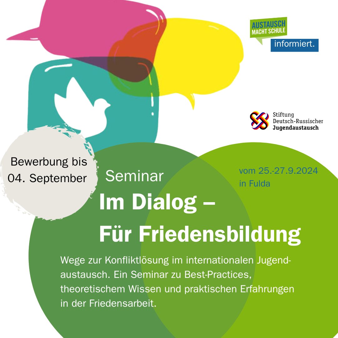 Im Dialog - Für Friedensbildung🕊️
<a href="/StiftungDRJA/">Stiftung DRJA</a>  lädt ein zum Seminar für Lehr- und Fachkräfte der #Jugendarbeit: Lerne Ansätze aus der Praxis und Methoden der #Friedensbildung im Jugendaustausch &amp; tausche Dich mit anderen dazu aus. 
👉Bewerben bis 4.9.
austausch-macht-schule.org/termin/im-dial…